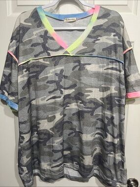Southern Stitch Camo Print V-Neck Tee with Neon Trim